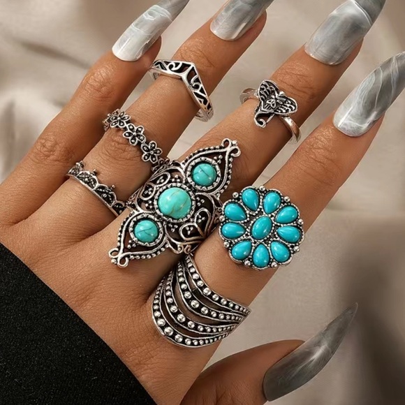 Jewelry - Boho Turquoise Silver Elephant Ring Set 7pc